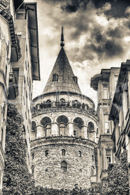 Galata Tower framed by ancient buildings - Istanbul, Turkey