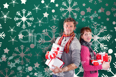 Composite image of couple holding lots of presents