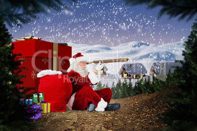 Composite image of santa looking through a telescope