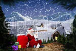 Composite image of santa looking through telescope