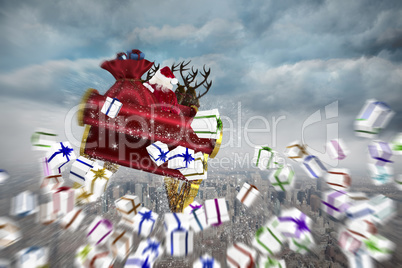 Composite image of white christmas presents with ribbon