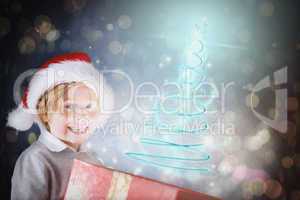 Composite image of festive boy opening gift