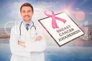 Doctor with breast cancer awareness message