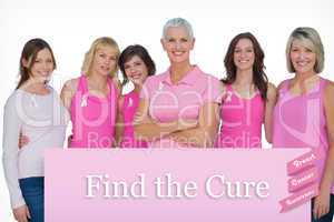 Composite image of enthusiastic women posing with pink tops for