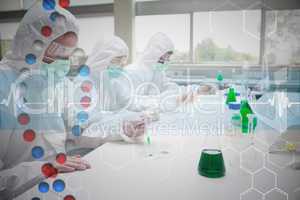 Composite image of three chemists working in protective suits