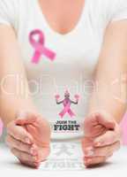 Woman presenting breast cancer awareness message