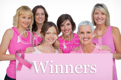 Composite image of smiling women posing and wearing pink for bre