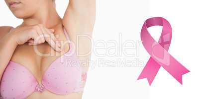 Composite image of woman performing self breast examination
