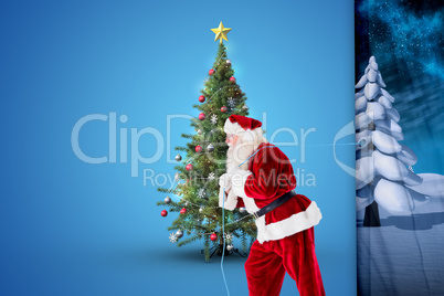 Composite image of santa claus pulling rope