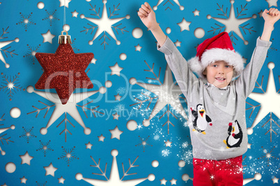 Composite image of festive boy cheering