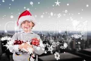 Composite image of festive boy smiling