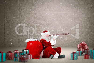 Composite image of santa looking through a telescope