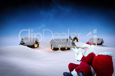 Composite image of santa claus looking through telescope