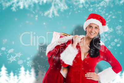 Composite image of woman smiling with christmas presents