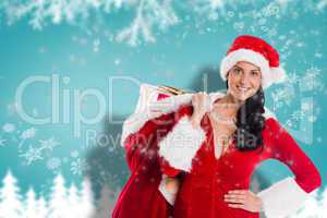 Composite image of woman smiling with christmas presents