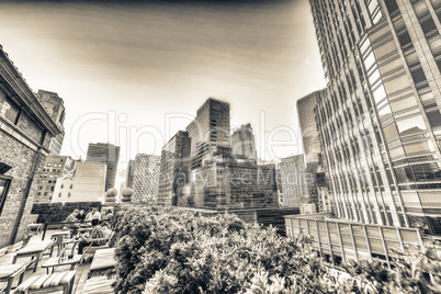 Buildings and roof garden in Manhattan. Amazing view at sunset i