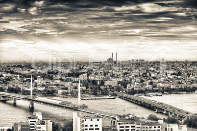 New Galata and Golden Horn Bridge, aerial view of Istanbul