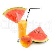 juice in glass, watermelon and peach