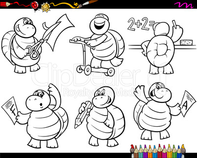 school turtle set cartoon coloring page