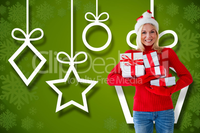 Composite image of happy festive blonde with gift