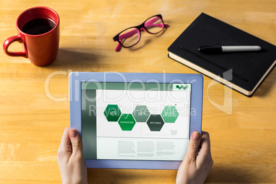 Composite image of businesswoman using tablet at desk