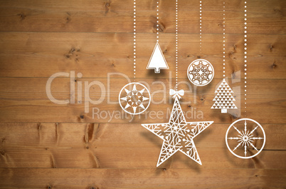 Composite image of hanging christmas decorations