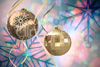 Composite image of hanging christmas bauble decorations Composite image of hanging christmas bauble decorations