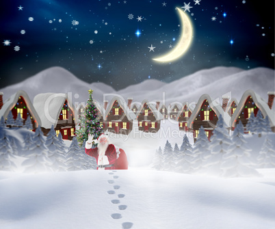 Composite image of santa walking in the snow