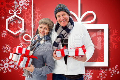 Composite image of festive mature couple holding christmas gifts