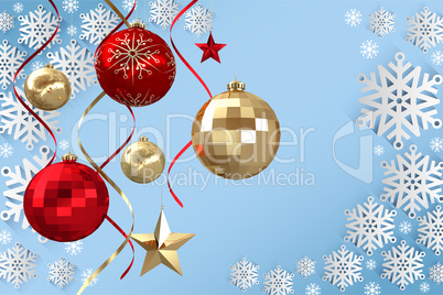 Composite image of hanging christmas bauble decorations