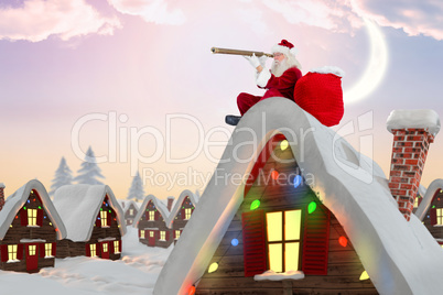 Composite image of santa sitting on roof of cottage