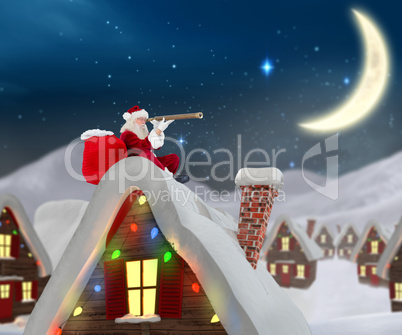 Composite image of santa sitting on roof of cottage