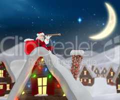 Composite image of santa sitting on roof of cottage