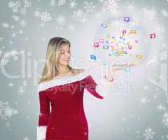 Composite image of pretty girl presenting in santa outfit