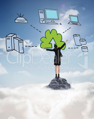 Composite image of excited businesswoman cheering