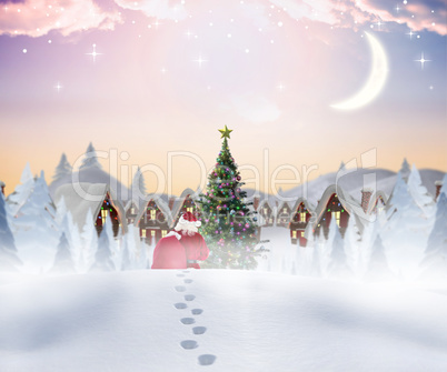 Composite image of santa walking in the snow