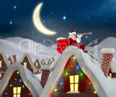 Composite image of santa sitting on roof of cottage