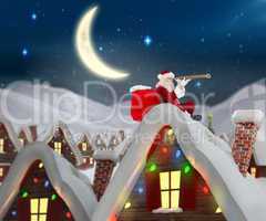 Composite image of santa sitting on roof of cottage