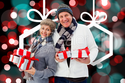 Composite image of festive mature couple holding christmas gifts