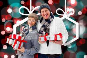 Composite image of festive mature couple holding christmas gifts