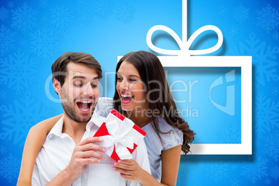 Composite image of woman surprising boyfriend with gift