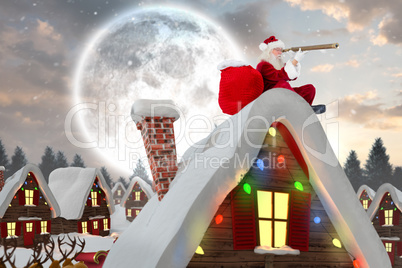 Composite image of santa sitting on roof of cottage