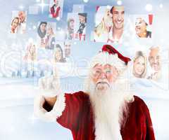 Composite image of santa pointing to christmas people collage