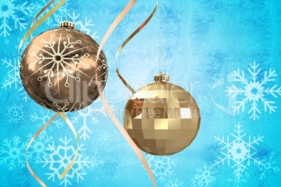 Composite image of hanging christmas bauble decorations