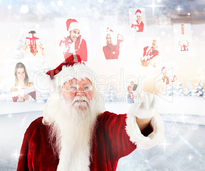 Composite image of santa pointing to christmas people collage