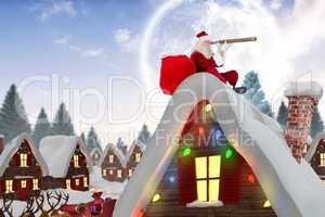 Composite image of santa sitting on roof of cottage