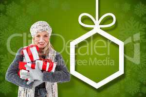 Composite image of happy blonde with gifts