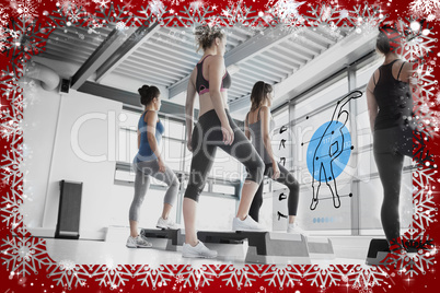 Rear view of women doing exercise with blue futuristic interface