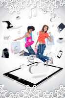 Composite image of two smiling women jumping on a tablet pc