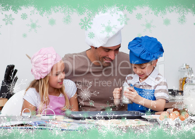 Father and children baking in the kitchen